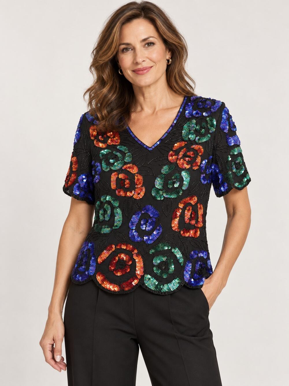 Vintage Sténay Silk Sequin Floral Blouse Black Size L 40 Bust